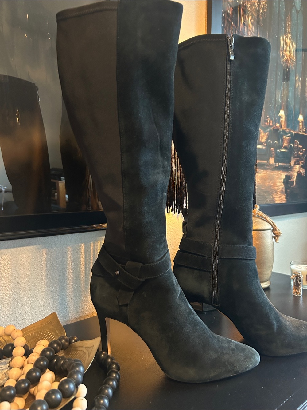 Black Suede Knee-High Heeled Boots by WHBM